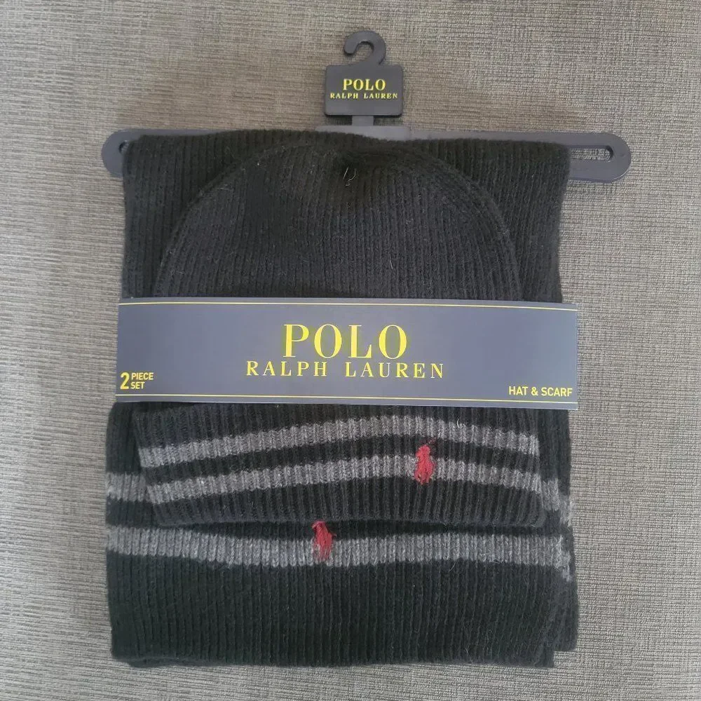 Polo Ralph Lauren Men's Black 2 Piece Set Hat & Scarf Lambswool Blend